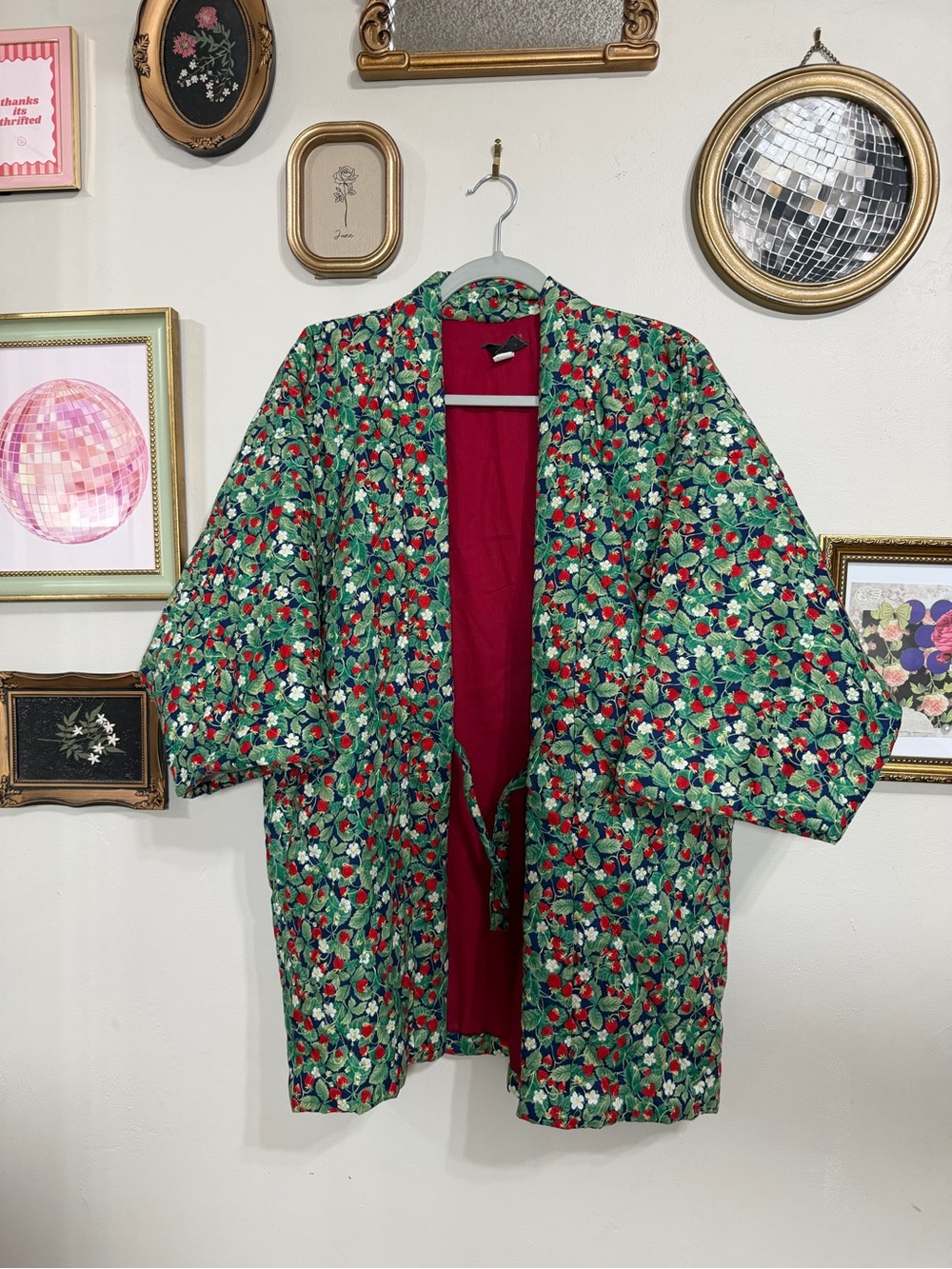 Floral Kimono Robe in Green w/ Strawberry Pattern